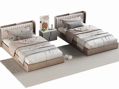 Stylish Single Bed With Upholstered Headboard Striped Sheets Nightstand And Decorative Rug 3d model