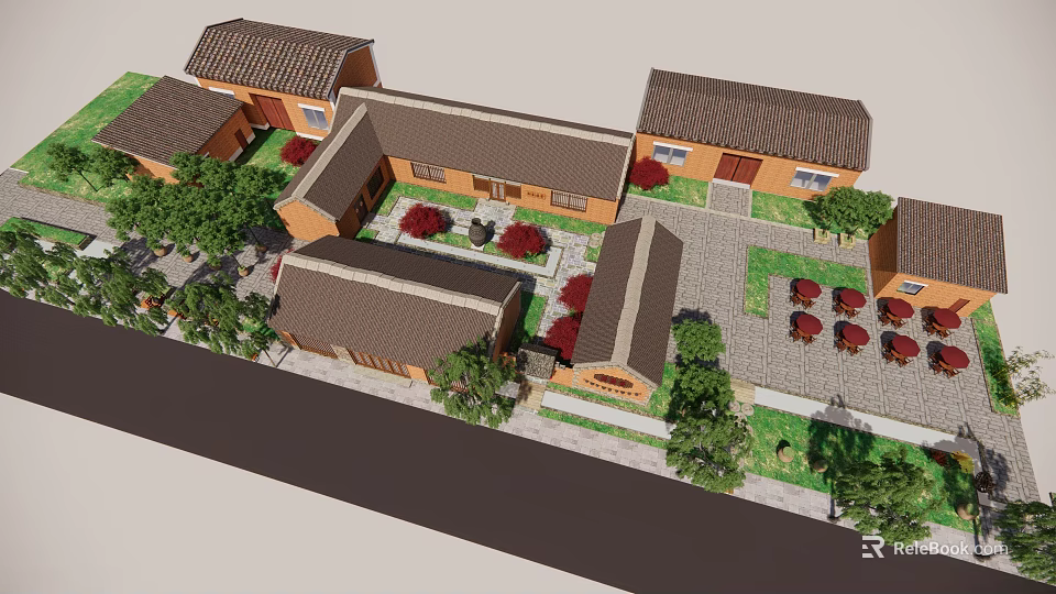 Traditional Chinese Courtyard Architecture Compound With Connected Houses Tile Roofs And Garden Areas 3d model 