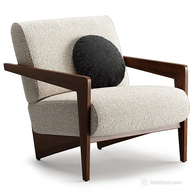 Modern Accent Chair With Light Fabric Upholstery Wooden Armrests And Black Cushion 3d model 