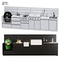Modern Kitchen Cooking Appliances With Green Grill Sink And Wooden Black Countertop Cabinets