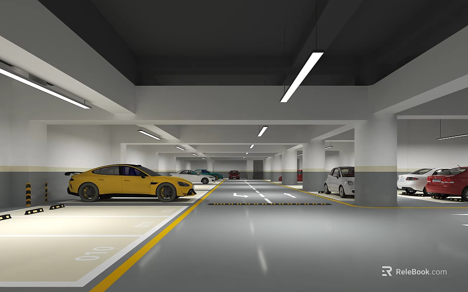 Modern Indoor Parking Garage Featuring Well Lit Area And Marked Parking Spaces 3d model 