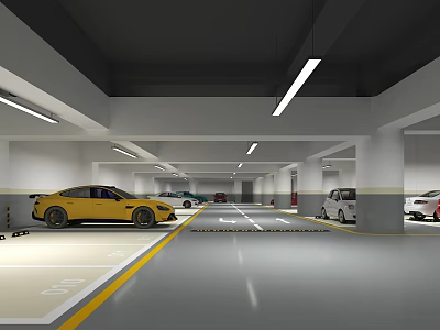 Modern Indoor Parking Garage Featuring Well Lit Area And Marked Parking Spaces 3d model
