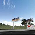 Outdoor Garden Landscape with Lush Greenery Trees Roadside Billboards and Red Sign Wall