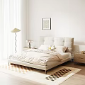 Modern Double Bed with Beige Upholstered Headboard Striped Bedspread Nightstands Floor Lamp and Geometric Rug