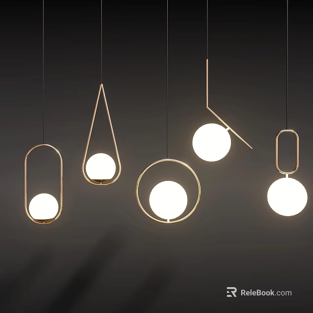 Modern Minimalist Chandeliers With Various Shapes Golden Frames And White Shades Hanging Against Dark Background 3d model 