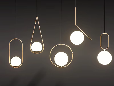 Modern Minimalist Chandeliers With Various Shapes Golden Frames And White Shades Hanging Against Dark Background 3d model