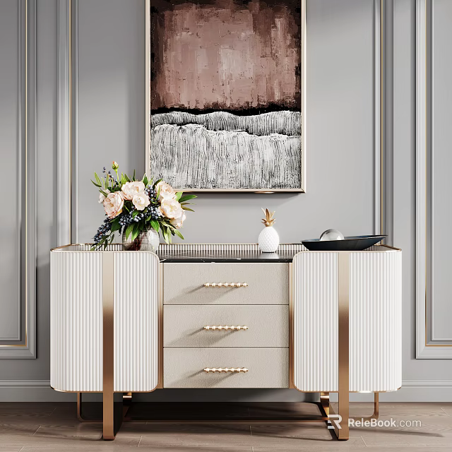 Elegant Modern Console Side Cabinet Interior With Gold Trim Drawers Vase Flowers And Wall Art 3d model 