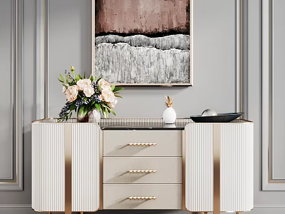 Elegant Modern Console Side Cabinet Interior With Gold Trim Drawers Vase Flowers And Wall Art 3d model