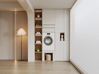 Modern Minimalist Laundry Area With Washing Machine Storage Cabinets Potted Plants And Floor Lamp 3d model