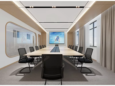 Modern Conference Room Interior With Long Meeting Table Black Chairs And Large Screen 3d model
