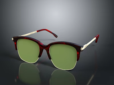 Stylish Red Frame Sunglasses With Rectangular Green Lenses And White Temple Accents 3d model