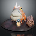 Toad Character With Spiked Head Large Eyes White Belly Orange Back Lantern Log On Base 3d model