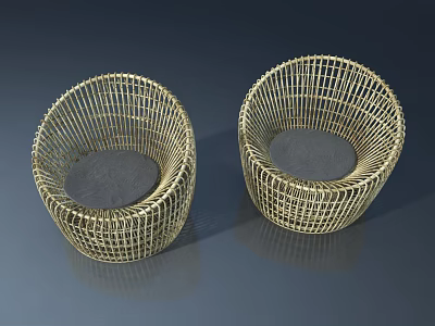 Two Woven Rattan Round Chairs On Gray Background For Home Decor 3d model
