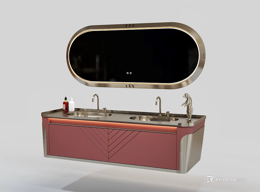 Modern Bathroom Vanity With Oval Mirror Double Faucets And Pink Cabinet 3d model 