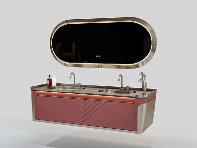 Modern Bathroom Vanity With Oval Mirror Double Faucets And Pink Cabinet 3d model