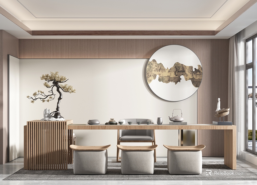 Traditional Tea Room Interior With Wooden Tea Table Round Landscape Painting And Pine Bonsai 3d model 