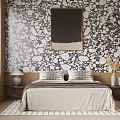 Bedroom Interior Design With Black And White Stone Wallpaper Bed Nightstands Lamp Painting And Rug