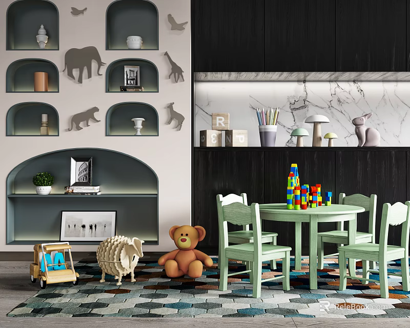 Kids Table With Green Chairs And Colorful Building Blocks Near Toys And Animal Wall Decals 3d model 