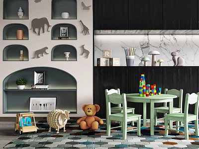 Kids Table With Green Chairs And Colorful Building Blocks Near Toys And Animal Wall Decals 3d model