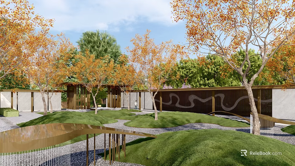 Feature Wall in Garden Landscape Design With Trees and Green Grass Pathway 3d model 