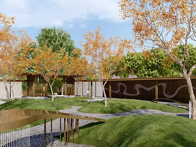 Feature Wall in Garden Landscape Design With Trees and Green Grass Pathway 3d model