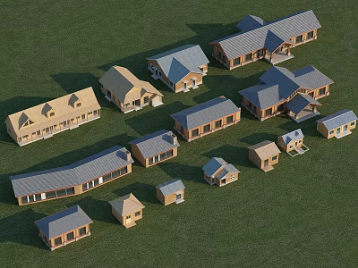 Wooden Houses on Green Grass with Various Styles and Gray Roofs 3d model
