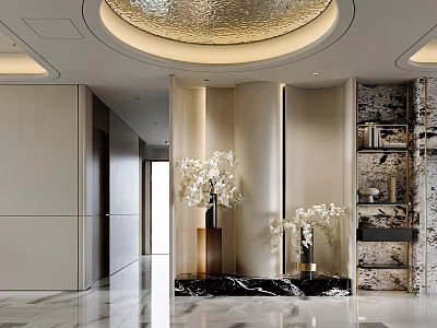 Modern Elegant Foyer Hallway Design With Marble Floor Vases White Flowers Cabinets Lighting 3d model