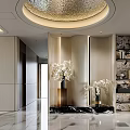 Modern Elegant Foyer Hallway Design With Marble Floor Vases White Flowers Cabinets Lighting