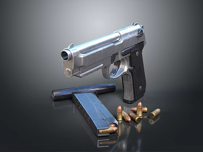 Silver Metallic Pistol With Magazine And Bullets On Reflective Black Surface 3d model