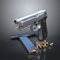 Silver Metallic Pistol With Magazine And Bullets On Reflective Black Surface 3d model