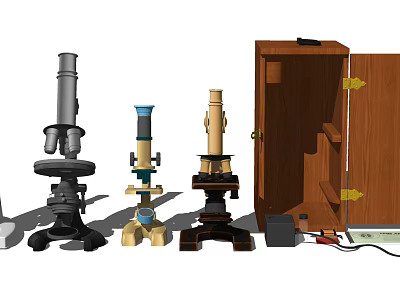 Medical Instruments Microscopes Displayed With Wooden Storage Cabinet And Various Styles 3d model