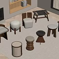 Various Modern Stools With Different Designs Wooden Rattan And Soft Cushions For Living Room