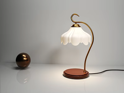 Elegant Table Lamp With Golden Stem White Petal Shade Brown Base And Spherical Decor 3d model