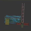 Rustic Blue Metal Shed Scene With Orange Door Rusted Ladder And Metal Frame