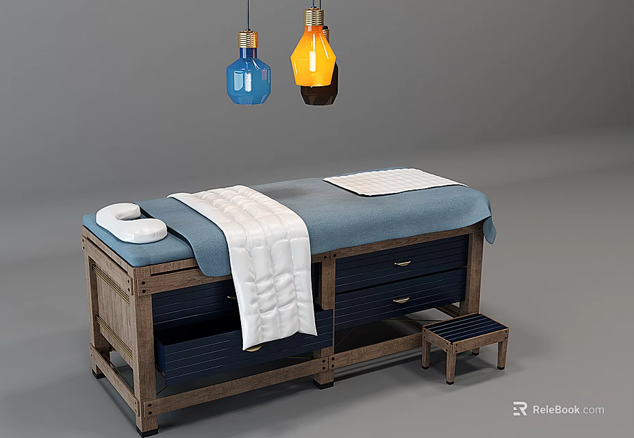 Massage Bed With Wooden Frame Drawers Blue Mattress White Towel Side Stool And Hanging Lamps 3d model 