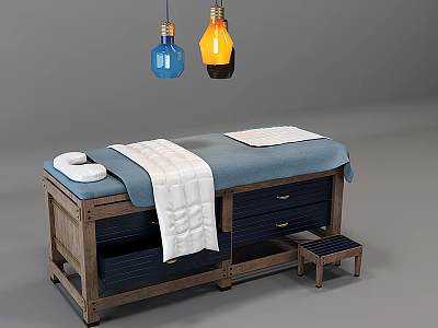 Massage Bed With Wooden Frame Drawers Blue Mattress White Towel Side Stool And Hanging Lamps 3d model