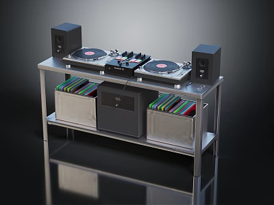 High Quality Commercial DJ Equipment With Dual Turntables Mixer Speakers Vinyl Storage And Metal Stand 3d model