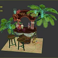 Tropical Island Bar Counter with Wooden Barrel Design Wine Bottles Glasses Palm Leaves and Stools