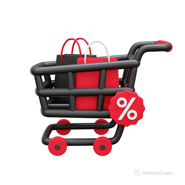 Stylish Black Shopping Cart With Red Bags And Discount Percentage Symbol 3d model 