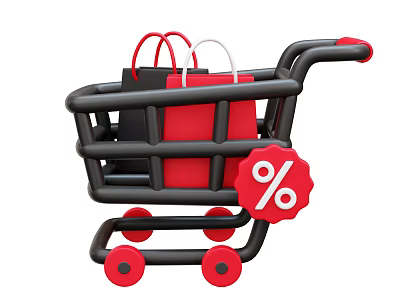 Stylish Black Shopping Cart With Red Bags And Discount Percentage Symbol 3d model