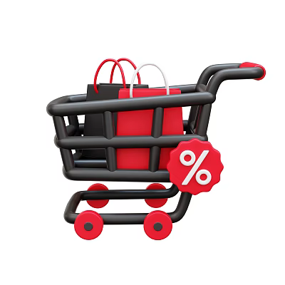 Stylish Black Shopping Cart With Red Bags And Discount Percentage Symbol 3d model