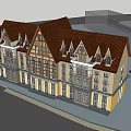Classical Commercial Complex With Red Gabled Roofs And Yellow Beige Exterior