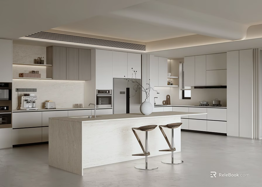 Modern Open Kitchen Interior Design With Island Counter Cabinets And Appliances 3d model 