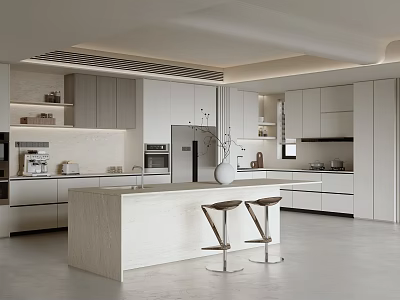Modern Open Kitchen Interior Design With Island Counter Cabinets And Appliances 3d model