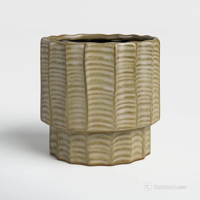 Beige Ceramic Bonsai Pot with Wavy Striped Texture and Octagonal Design 3d model 