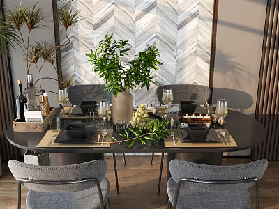 Modern Dining Table Set with Round Table Comfortable Chairs Green Plants and Wine Glasses 3d model