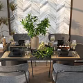 Modern Dining Table Set with Round Table Comfortable Chairs Green Plants and Wine Glasses