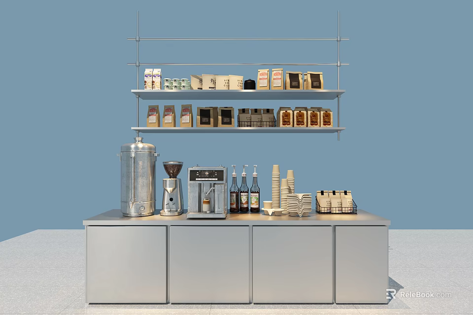 Modern Café Bar Counter With Coffee Machine Grinder Stacked Cups Coffee Cans And Tea Bags 3d model 