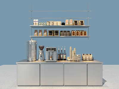 Modern Café Bar Counter With Coffee Machine Grinder Stacked Cups Coffee Cans And Tea Bags 3d model