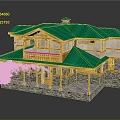 Cartoon Style House Featuring Green Roof Yellow Wooden Structure Stone Walls Balcony And Green Tree